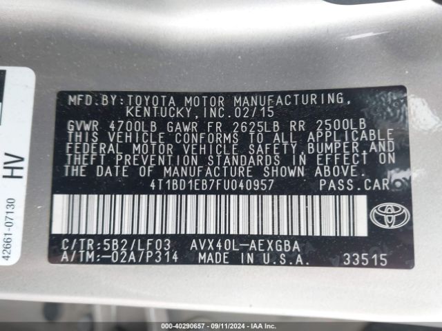 4T1BD1EB7FU040957 Toyota Avalon Hybrid Xle Premium