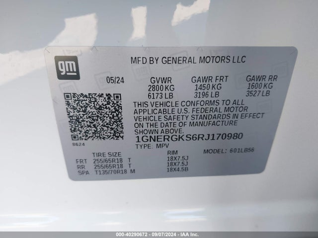 Продаж на аукціоні авто 2024 Chevrolet Traverse Fwd Lt, vin: 1GNERGKS6RJ170980, номер лоту: 40290672