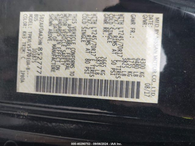 5BZAF0AA2HN852777 Nissan Nv Passenger Nv3500 Hd Sl V8