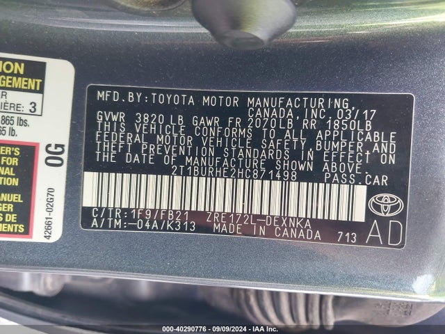 Toyota COROLLA LE 2017 2T1BURHE2HC871498 Image 9