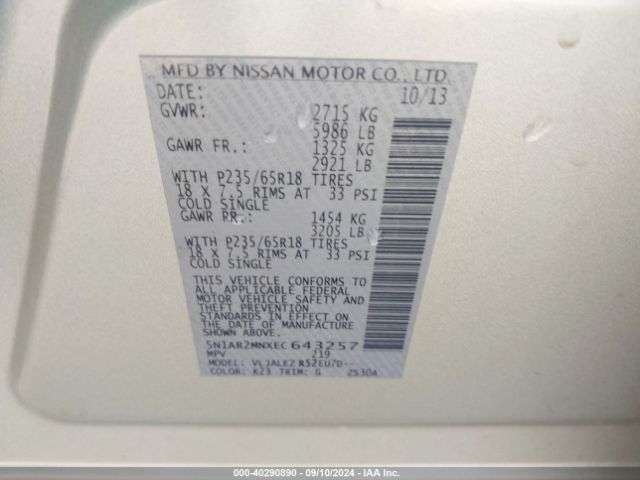 5N1AR2MNXEC643257 Nissan Pathfinder Sv