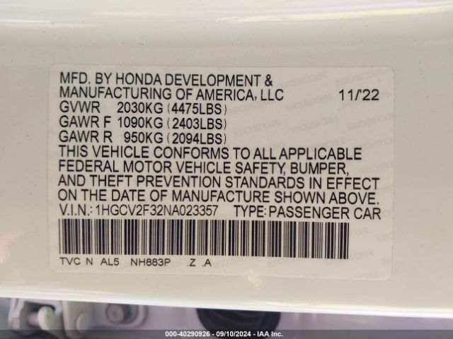 1HGCV2F32NA023357 Honda Accord Sport 2.0t