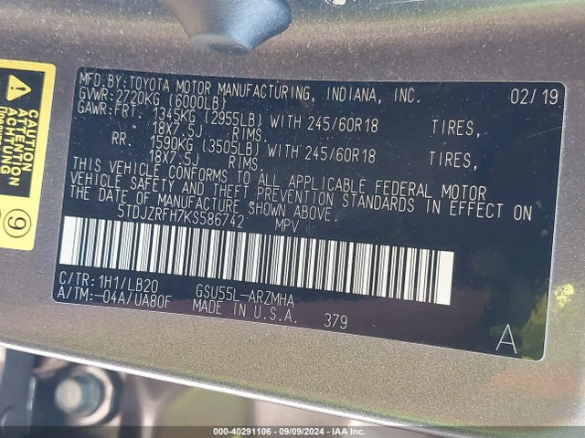 Toyota Highlander Xle 2019 5TDJZRFH7KS586742 Image 9