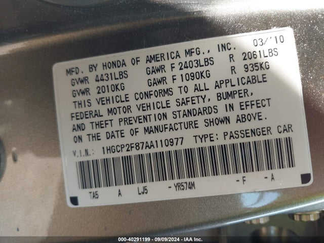 Продаж на аукціоні авто 2010 Honda Accord 2.4 Ex-l, vin: 1HGCP2F87AA110977, номер лоту: 40291199