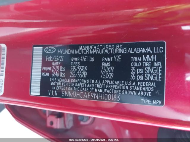 5NMJFCAE9NH100183 Hyundai TUCSON SEL