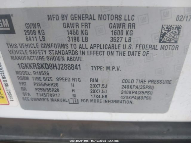 1GKKRSKD8HJ288841 GMC Acadia Limited