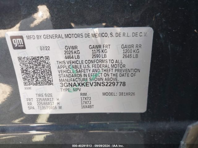 3GNAXKEV3NS229778 Chevrolet Equinox Fwd Lt