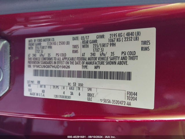 Ford ESCAPE SE 2017 1FMCU9G97HUD19826 Image 9