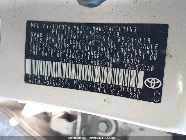 Toyota COROLLA LE 2020 5YFEPRAE5LP087906 Image 9