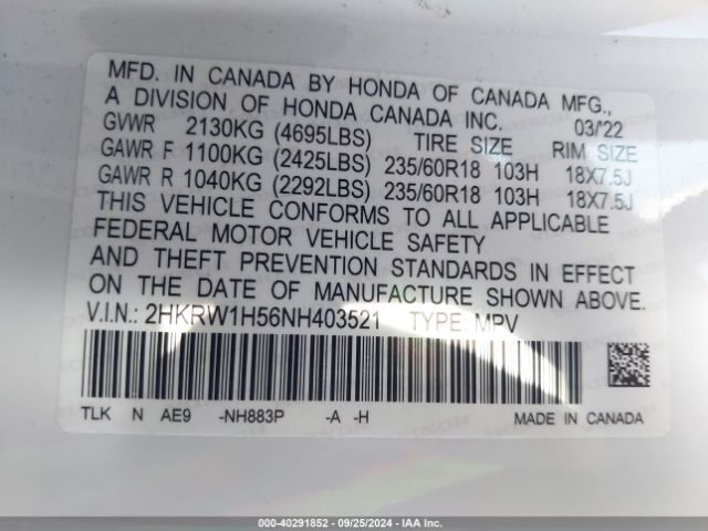 2HKRW1H56NH403521 Honda Cr-v 2wd Ex