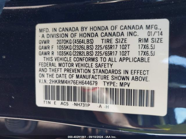 2HKRM4H76EH644679 Honda Cr-v Ex-l