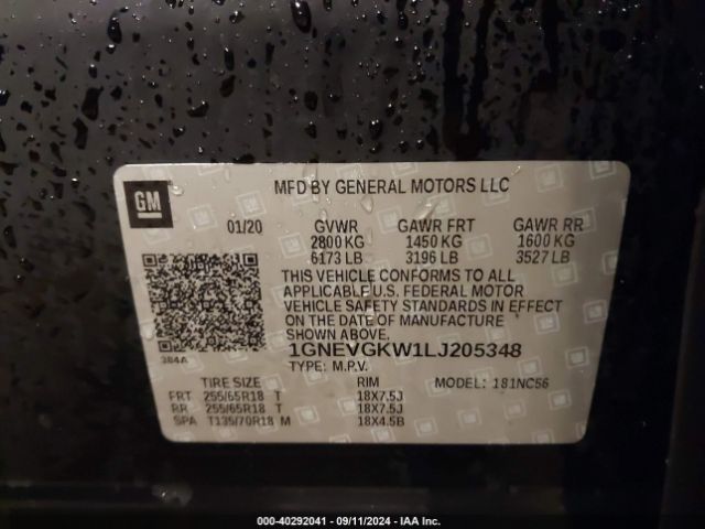 1GNEVGKW1LJ205348 Chevrolet Traverse Awd Lt Cloth
