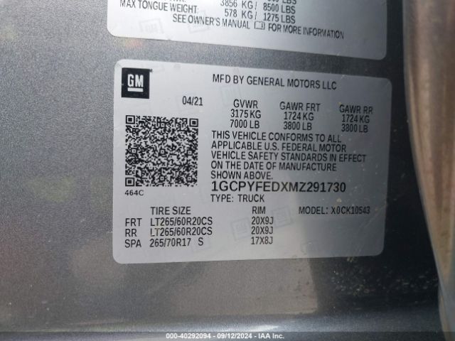 1GCPYFEDXMZ291730 Chevrolet Silverado 1500 4wd  Short Bed Lt Trail Boss