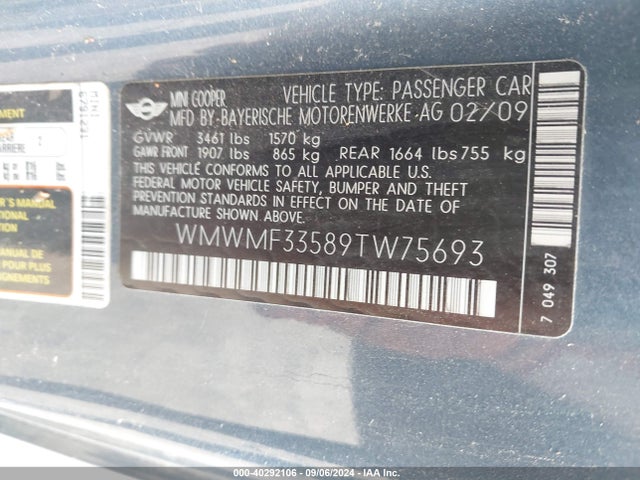 2009 MINI COOPER WMWMF33589TW75693 Photo 8