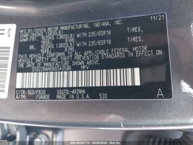5TDZZRAH0NS540586 Toyota Highlander Le