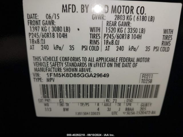 1FM5K8D85GGA29649 Ford EXPLORER XLT