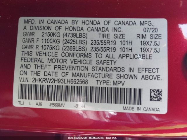 2HKRW2H93LH662568 Honda Cr-v Awd Touring