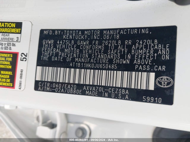 Toyota CAMRY SE 2018 4T1B11HK0JU650485 Image 9