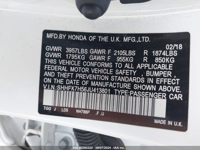 Honda CIVIC EX 2018 SHHFK7H56JU413801 Image 9