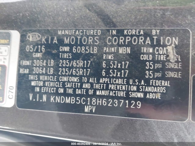KIA SEDONA LX 2017 KNDMB5C18H6237129 Image 9