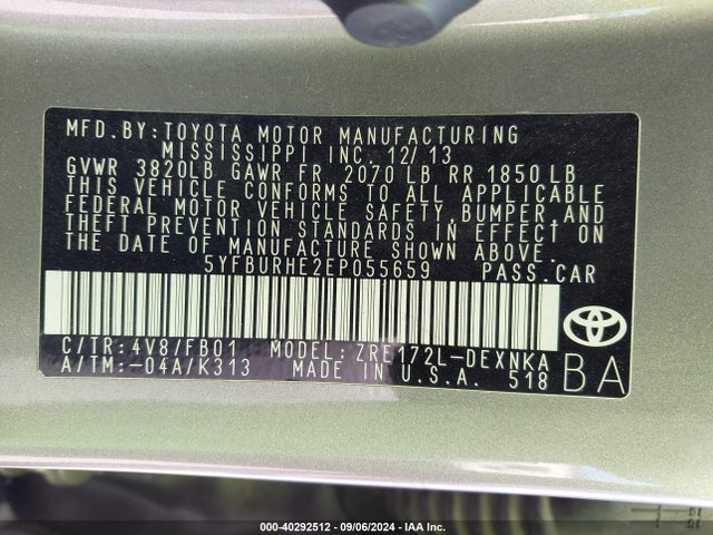 Toyota COROLLA LE 2014 5YFBURHE2EP055659 Image 9