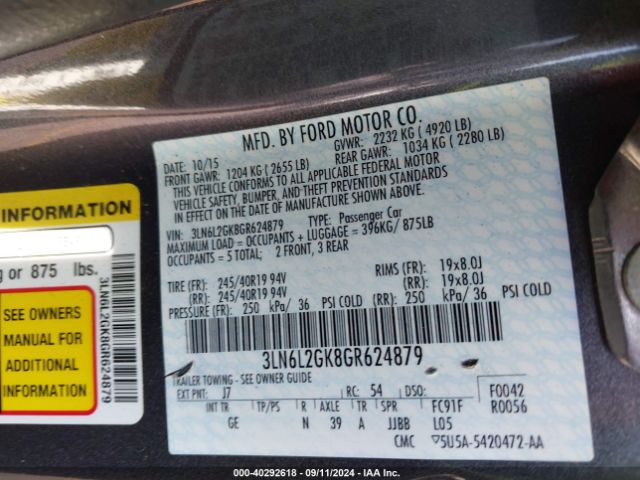 3LN6L2GK8GR624879 Lincoln MKZ