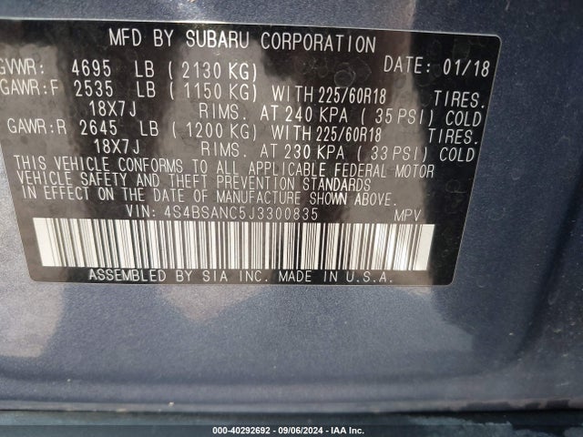 Subaru Outback 2.5i Limited 2018 4S4BSANC5J3300835 Image 9