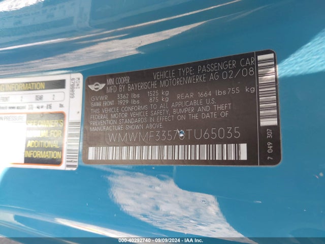 2008 MINI COOPER WMWMF33578TU65035 Photo 8