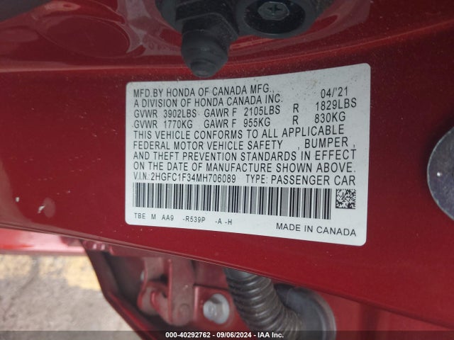Honda CIVIC EX 2021 2HGFC1F34MH706089 Image 9