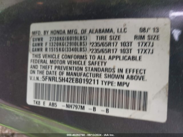 5FNRL5H42EB019211 Honda ODYSSEY EX