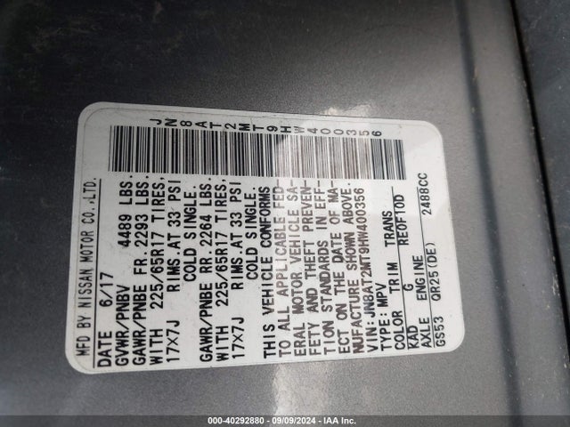 Nissan ROGUE SV 2017 JN8AT2MT9HW400356 Image 9