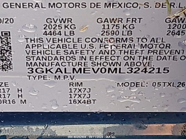 3GKALMEV0ML324215 GMC Terrain Fwd Sle