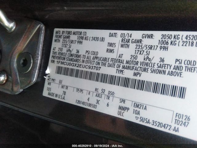 1FMCU0GX2EUC93707 Ford ESCAPE SE