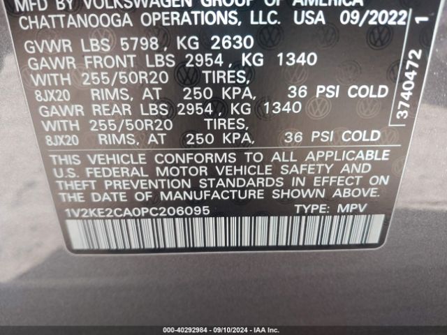 1V2KE2CA0PC206095 Volkswagen Atlas Cross Sport 3.6l V6 Se W/technology