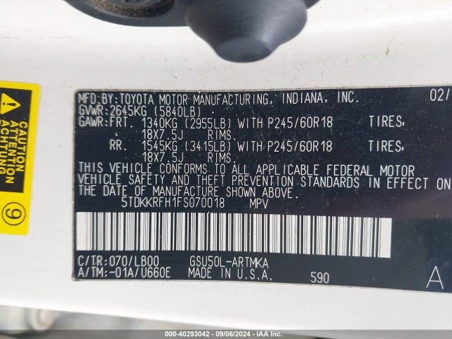 Toyota Highlander Xle V6 2015 5TDKKRFH1FS070018 Image 9