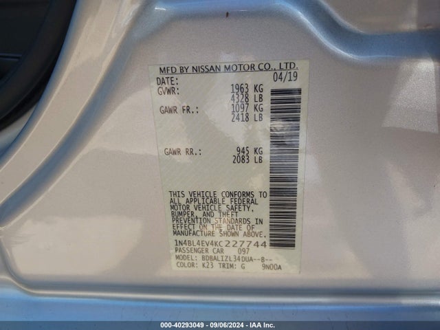 Nissan Altima 2.5 Sl 2019 1N4BL4EV4KC227744 Image 9