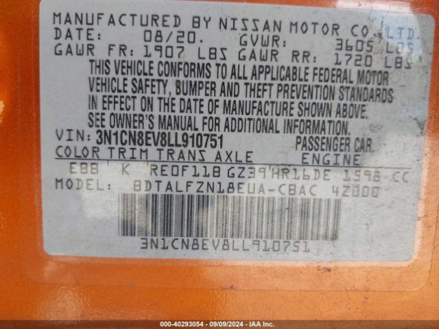 3N1CN8EV8LL910751 Nissan Versa Sv Xtronic Cvt