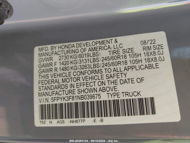 5FPYK3F81NB039675 Honda Ridgeline Black Edition