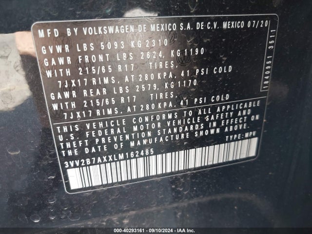 3VV2B7AXXLM162485 Volkswagen Tiguan 2.0t Se/2.0t Se R-line Black/2.0t Sel