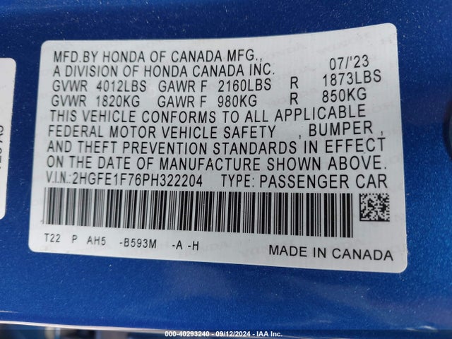 Honda Civic Ex /ex W/o Bsi 2023 2HGFE1F76PH322204 Image 9