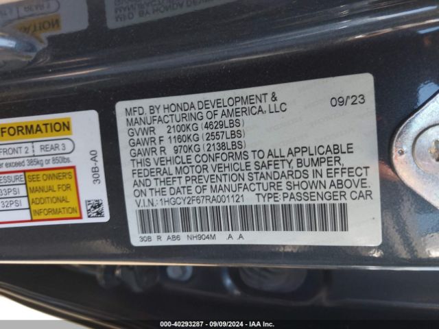 1HGCY2F67RA001121 Honda Accord Hybrid Ex-l