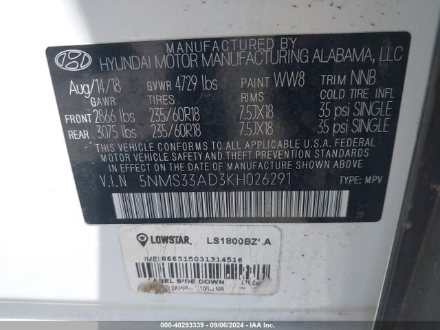 5NMS33AD3KH026291 Hyundai Santa Fe Sel Plus