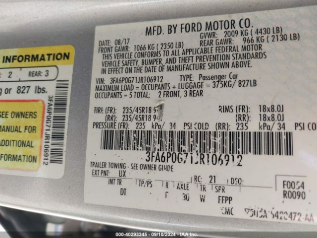 3FA6P0G71JR106912 Ford FUSION S