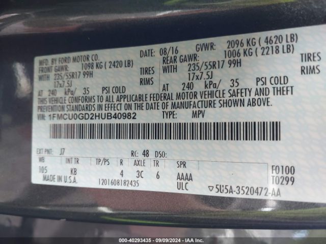 1FMCU0GD2HUB40982 Ford ESCAPE SE