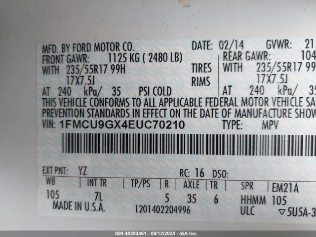 2014 Ford Escape Se მანქანა იყიდება აუქციონზე, vin: 1FMCU9GX4EUC70210, აუქციონის ნომერი: 40293461