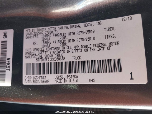 5TFDY5F15KX808698 Toyota Tundra Sr5 5.7l V8