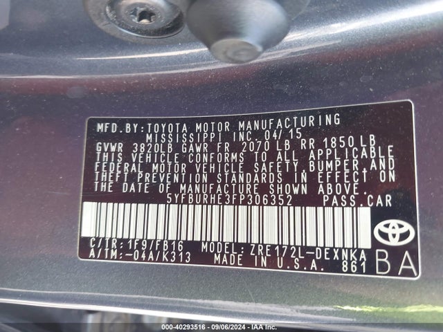 Toyota COROLLA LE 2015 5YFBURHE3FP306352 Image 9