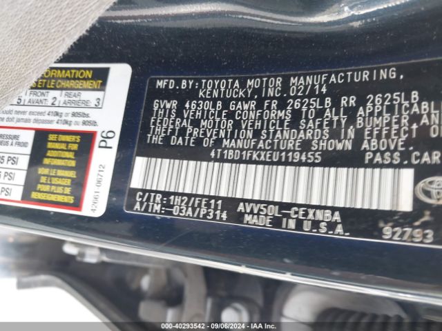 4T1BD1FKXEU119455 Toyota Camry Hybrid Le