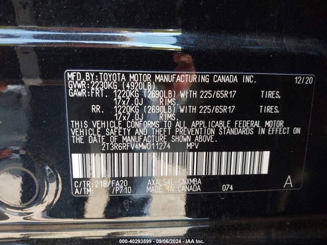 2T3R6RFV4MW011274 Toyota Rav4 Hybrid Xle