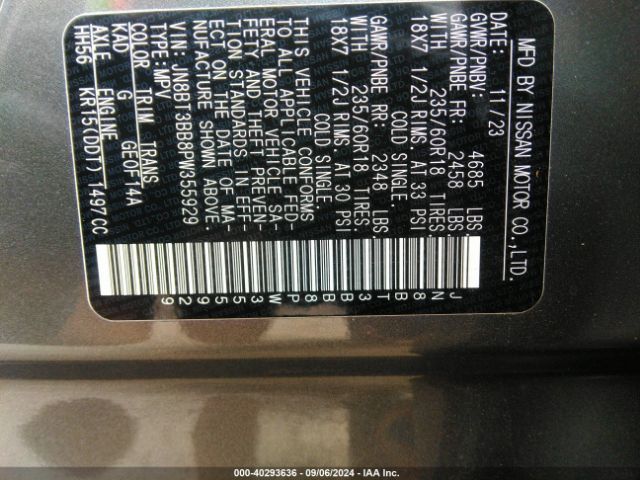 JN8BT3BB8PW355929 Nissan Rogue Sv Intelligent Awd